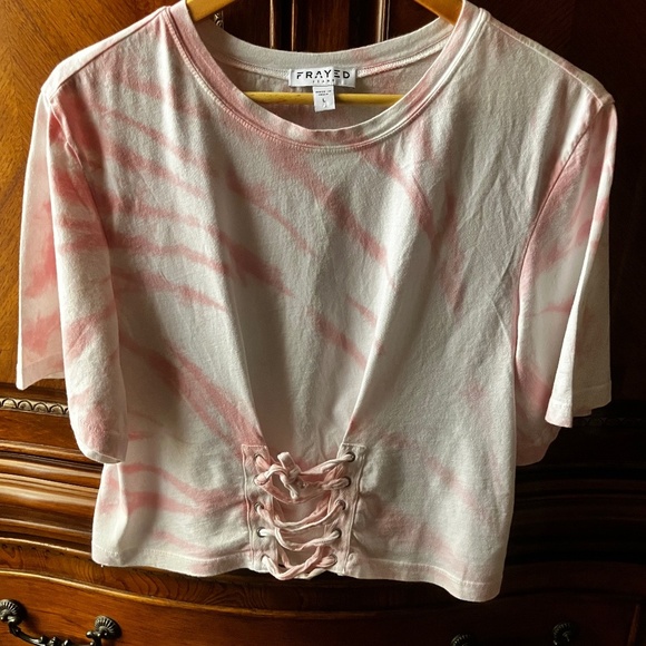 Frayed Jeans Women's Lace-up Front Tie Dye Short Sleeve Crew Neck Top - Size L - Picture 1 of 7